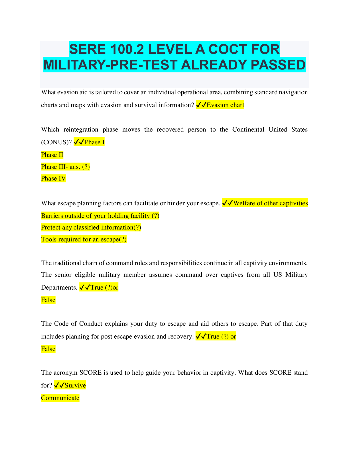SERE 100.2 LEVEL A COCT FOR MILITARYPRETEST ALREADY PASSED